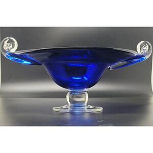 Cobalt Blue Hand Blown Glass Pedestal Bowl / Dish with Twisted Clear Handles